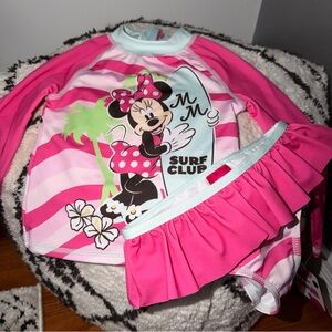 Disney Junior Minnie Mouse Rash Guard Swimsuit Set Pink Stripe 2T UPF 50+